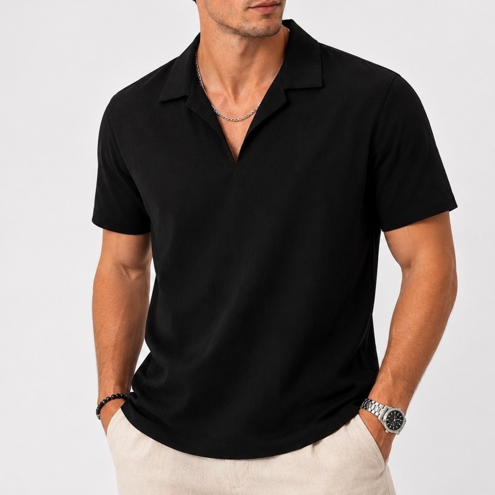BoohooMAN Tall Linen V Neck Shirt Black Medium NWT